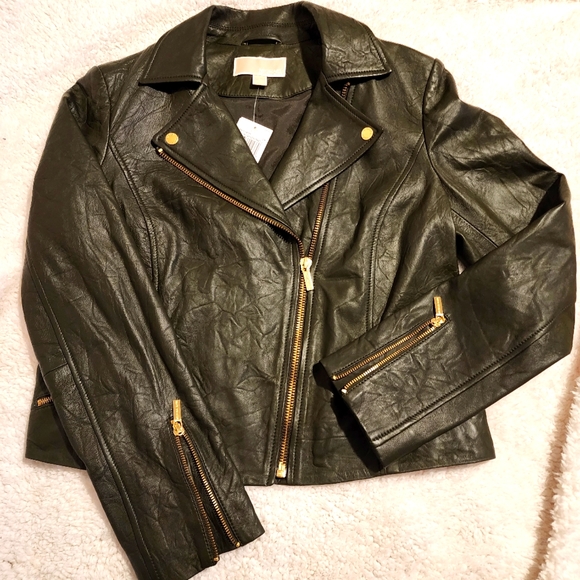 Michael Kors Leather Moto Jacket (Olive Green)